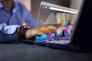A conceptual image of a businessman analyzing data visualizations on his laptop.